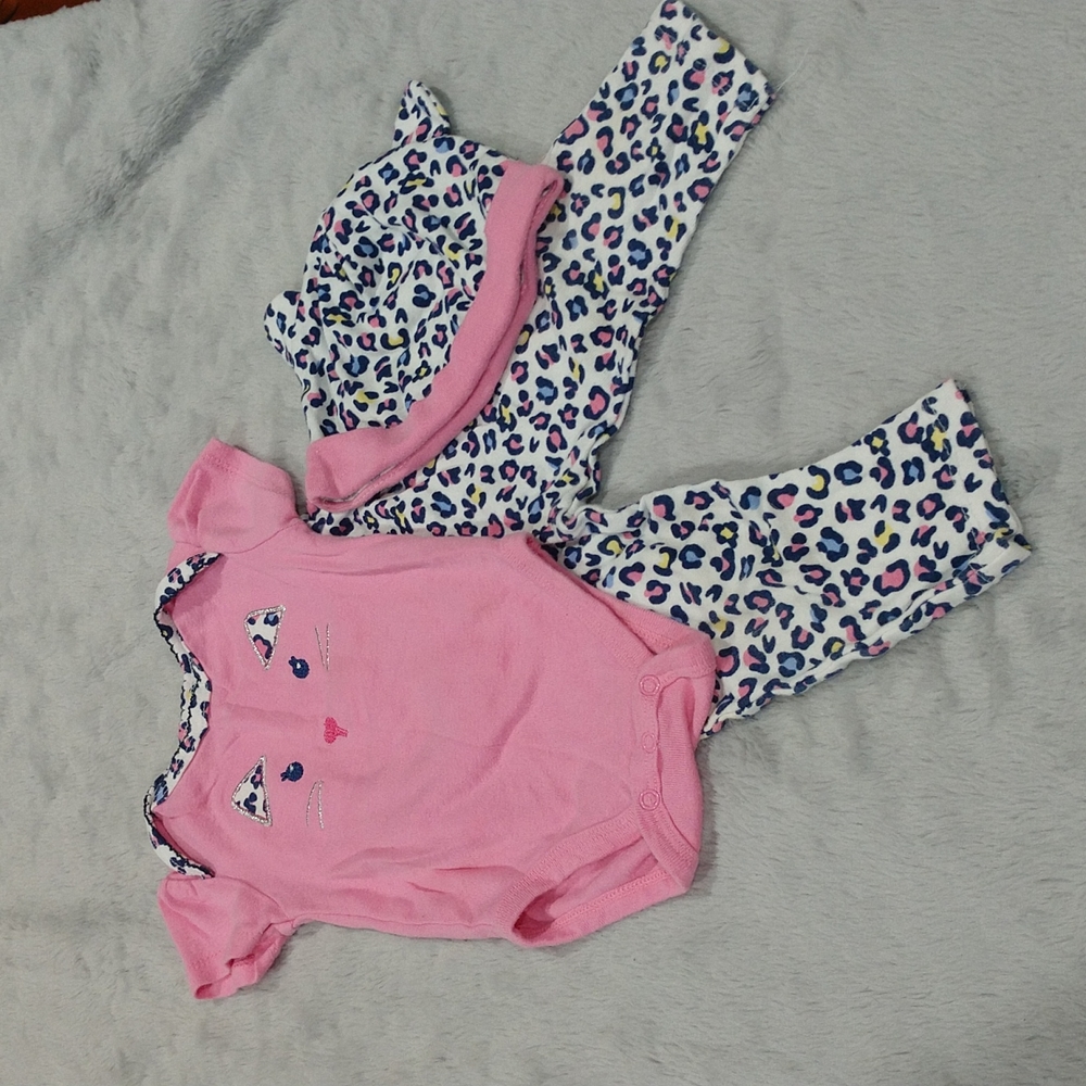 2/$15 - 3 Piece Baby Girl Cat Kitten Outfit Size 9 Months